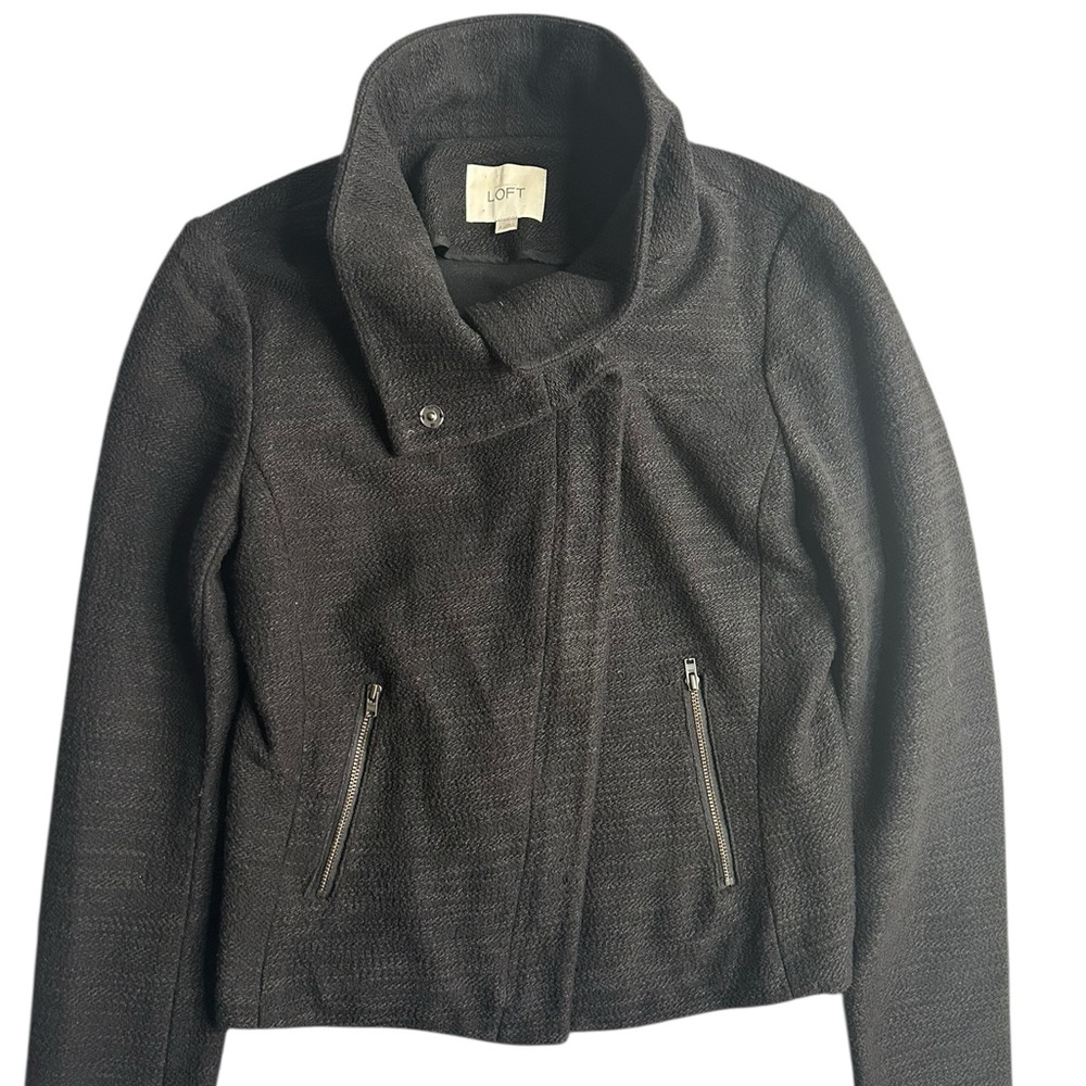 LOFT Women’s Moto Jacket Black Textured Asymmetrical Zip Size‎ 4 Chic Fall Layer